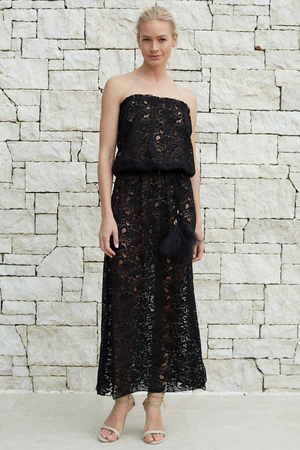 Annabel Long Black Lace Bandeau Dress with Feather Belt