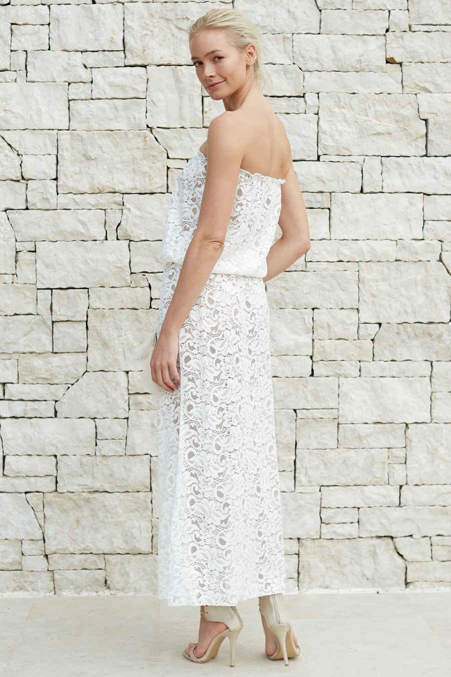 Annabel Long Cream Lace Bandeau Dress with Feather Belt