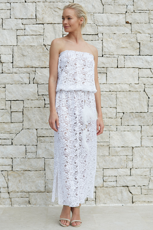 Annabel Long White Lace Bandeau Dress with Feather Belt