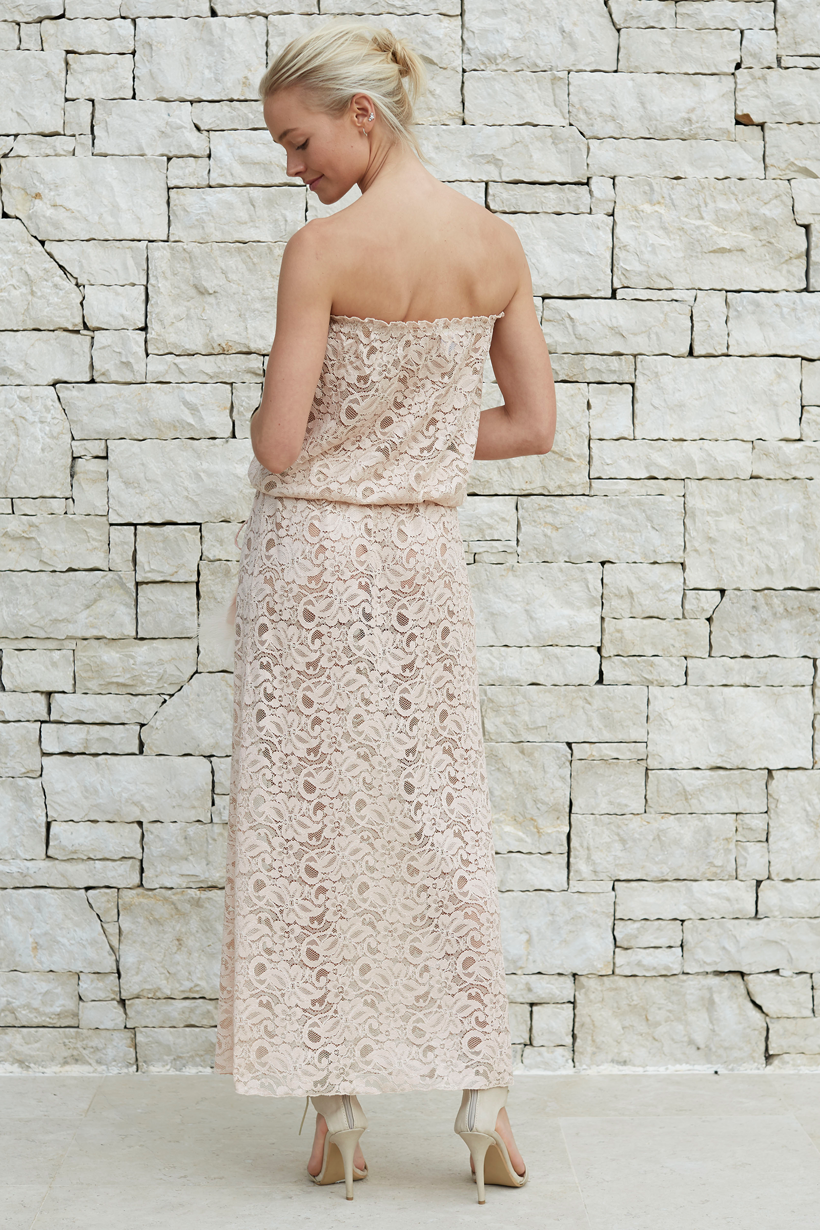 Annabel Long Blush Lace Bandeau Dress with Feather Belt - PICH Boutique