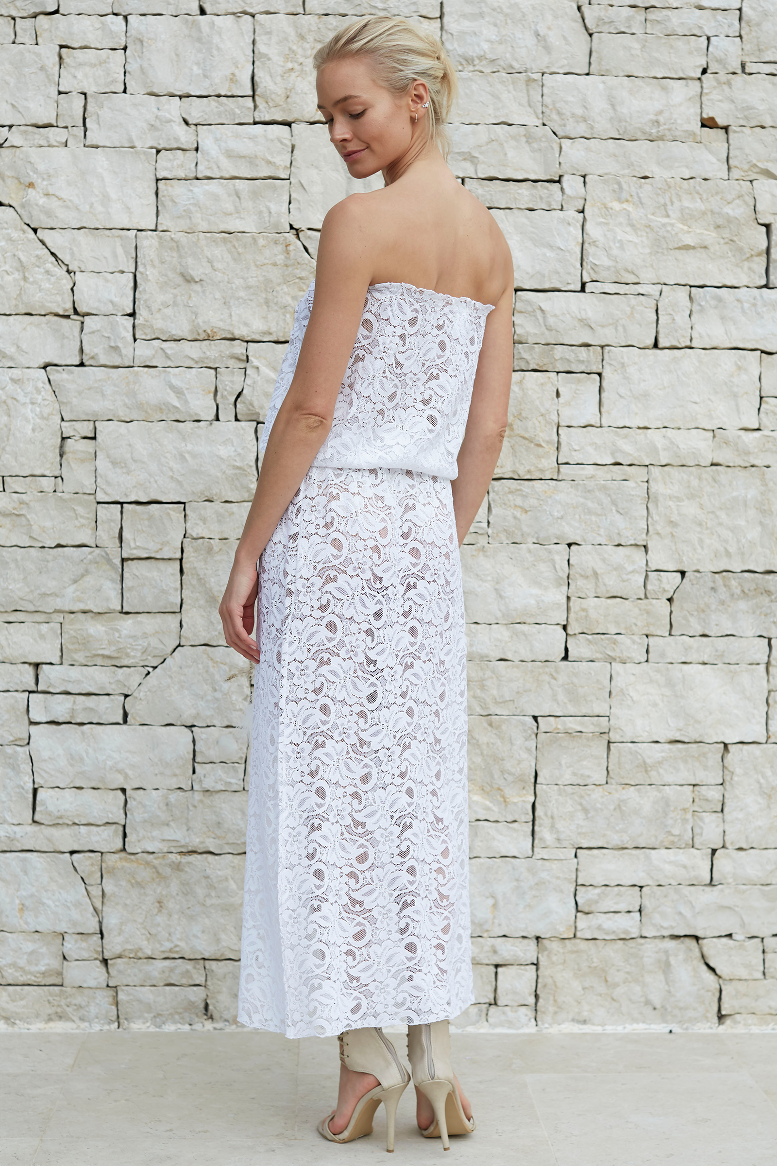 Annabel Long White Lace Bandeau Dress with Feather Belt - PICH